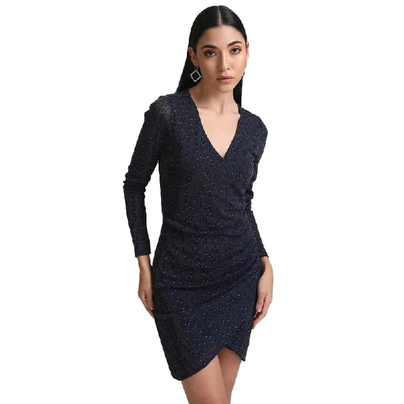 Kazo Abstract Georgette V Neck Women's Mini Dress (Blue,Large) Cozy Jersey Mini Dress