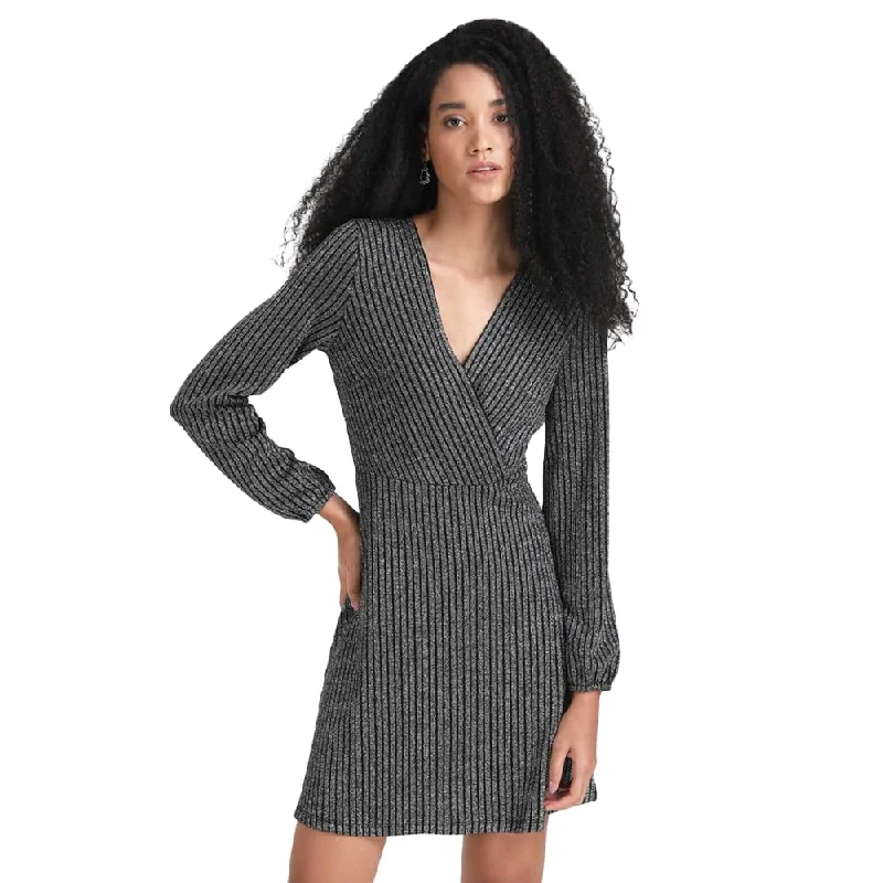 Kazo Embellished Polyester Blend V Neck Womens Mini Dress (Silver Grey, Small) Elegant Mini Dress with Ruffles