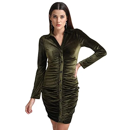 Kazo Embellished Velvet Cowl Neck Womens Mini Dress (Olive, Small) Stylish Sweetheart Neck Mini Dress