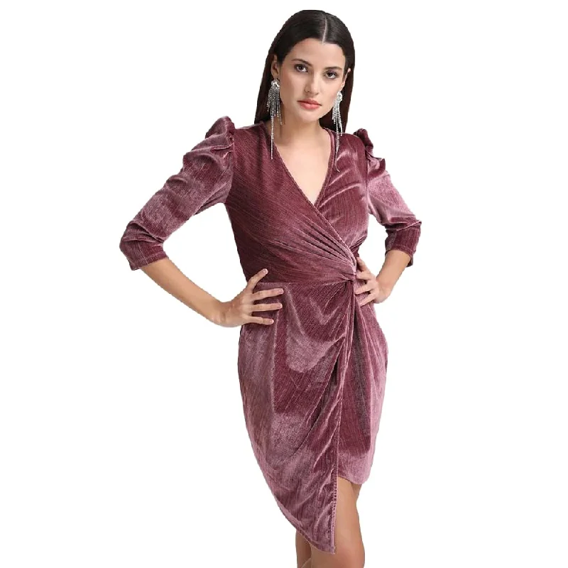 Kazo Solid Polyester Blend V Neck Women's Mini Dress (Purple,Large) Comfortable Bodycon Mini Dress