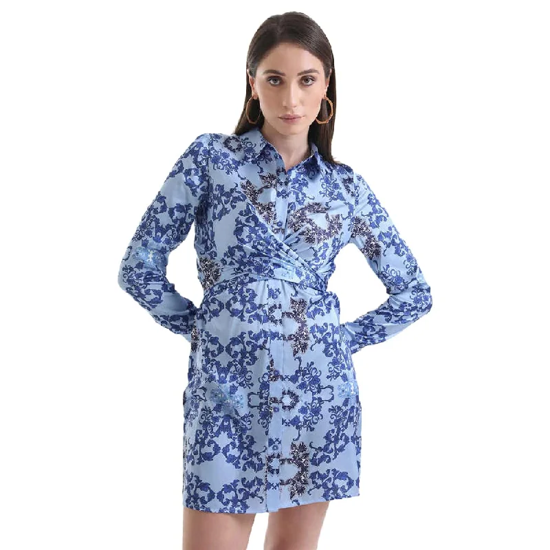 Kazo Solid Satin Collar Neck Womens Mini Dress (Blue Mix Dark, XS) Casual Button-Up Mini Dress