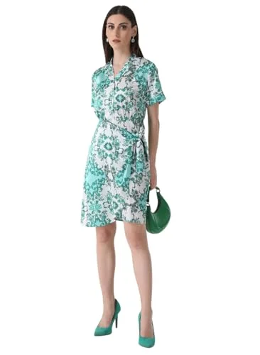 Kazo Solid Satin Collar Neck Womens Mini Dress (Green Mix, XS) Cozy A-Line Mini Dress