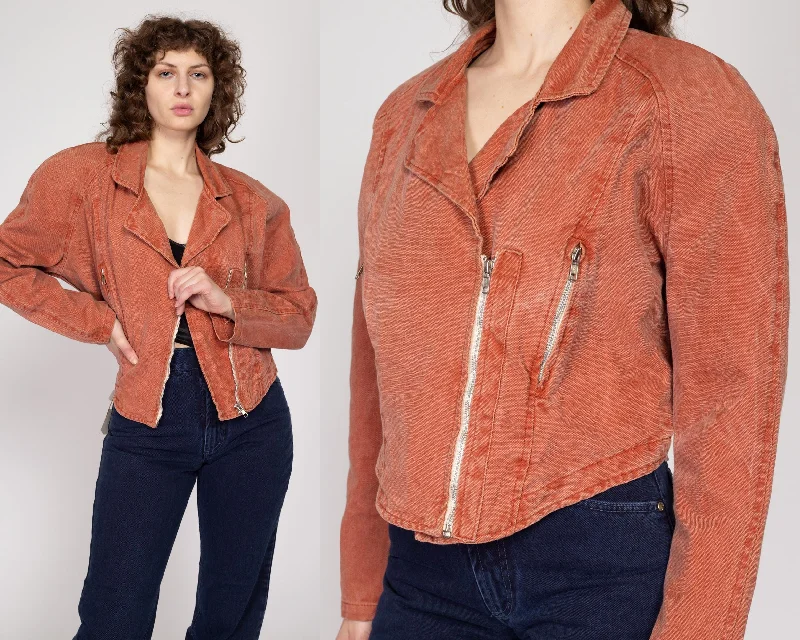 Large 80s Burnt Orange Denim Moto Jacket Nylon Fabric Polyester Fabric Spandex Fabric Large 80s Burnt Orange Denim Moto Jacket Nylon Fabric Polyester Fabric Spandex Fabric