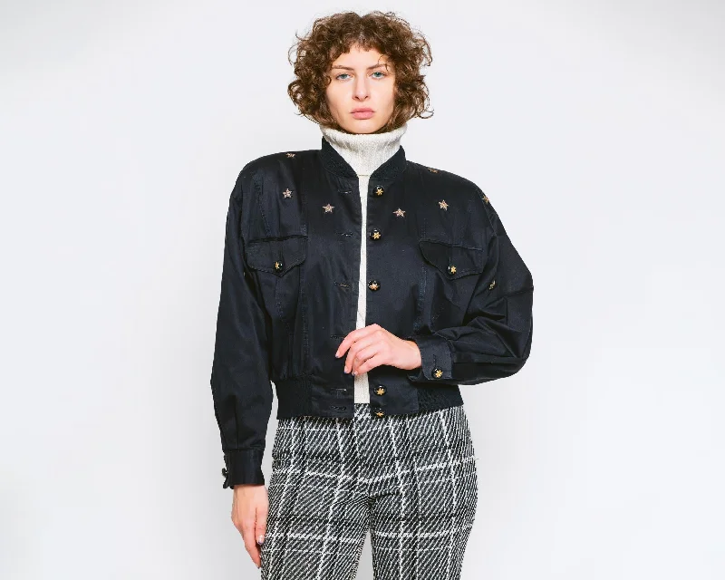 Large 80s Escada Black Star Bomber Jacket A-Line Jacket Boat Neck Shawl Collar