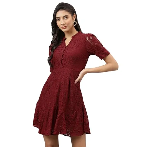 Latin Quarters Women Maroon V-Neck Short Sleeves Fit and Flare Mini Dress for Casual_L Trendy Button-Detail Mini Dress