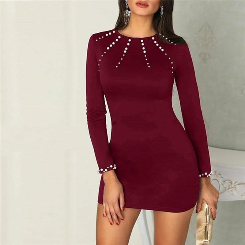 Long Sleeve O-neck Elegant Solid Slim Mini Dress Trendy Denim Mini Dress