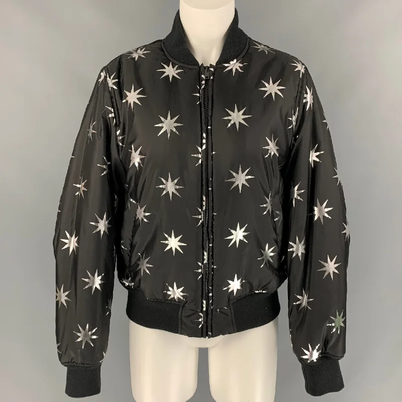 LOVE MOSCHINO Size 8 Black & Silver Star Print Polyester Bomber Jacket Tiered Jacket Buttoned Jacket Zippered Jacket