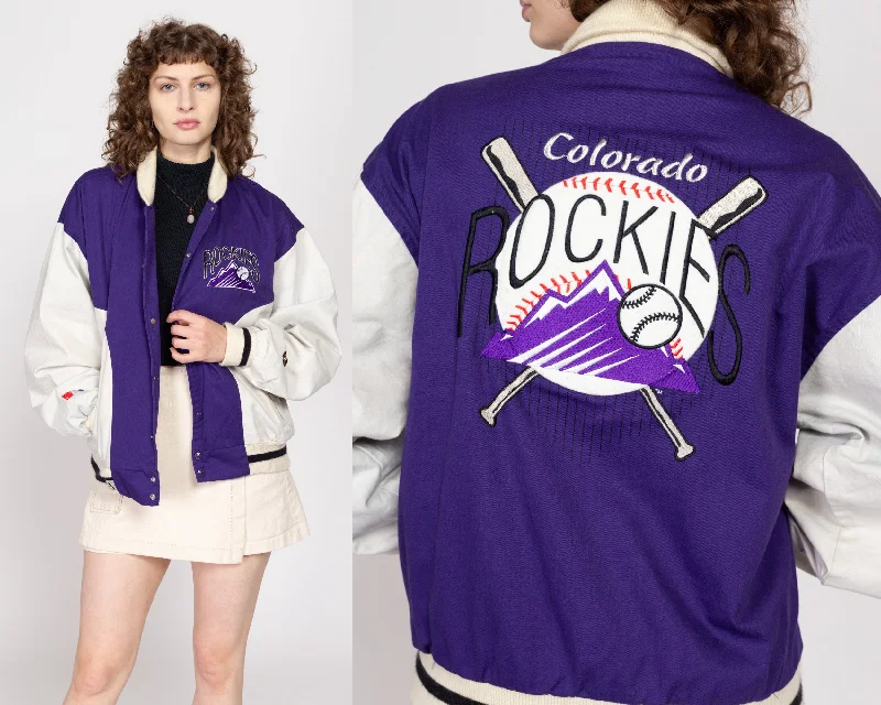 Lrg-XL 90 Colorado Rockies MLB Denim Varsity Jacket Welt Pockets Slit Pockets Flap Pockets Lrg-XL 90 Colorado Rockies MLB Denim Varsity Jacket Welt Pockets Slit Pockets Flap Pockets