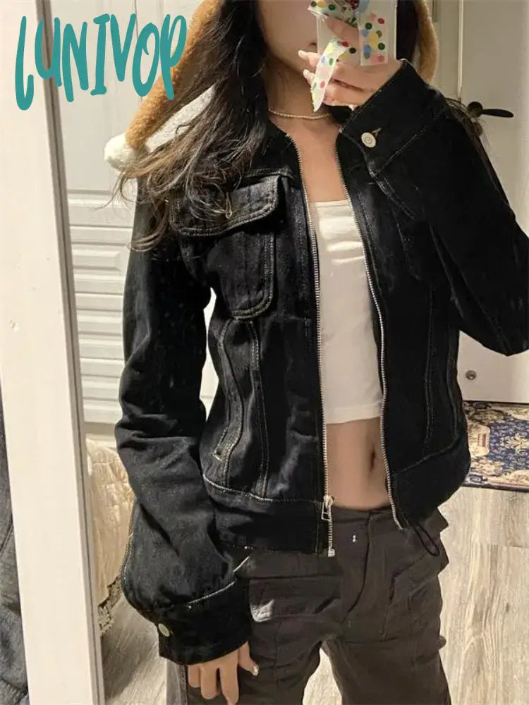 Lunivop 2024 Zipper Jeans Solid Coats Streetwear Fashion All Match Ins Chaquetas Mujer Women Turn Down Collar Punk Vintage Denim Jackets Anorak Shell Jacket Lightweight Jacket Lunivop 2024 Zipper Jeans Solid Coats Streetwear Fashion All Match Ins Chaquetas Mujer Women Turn Down Collar Punk Vintage Denim Jackets Anorak Shell Jacket Lightweight Jacket