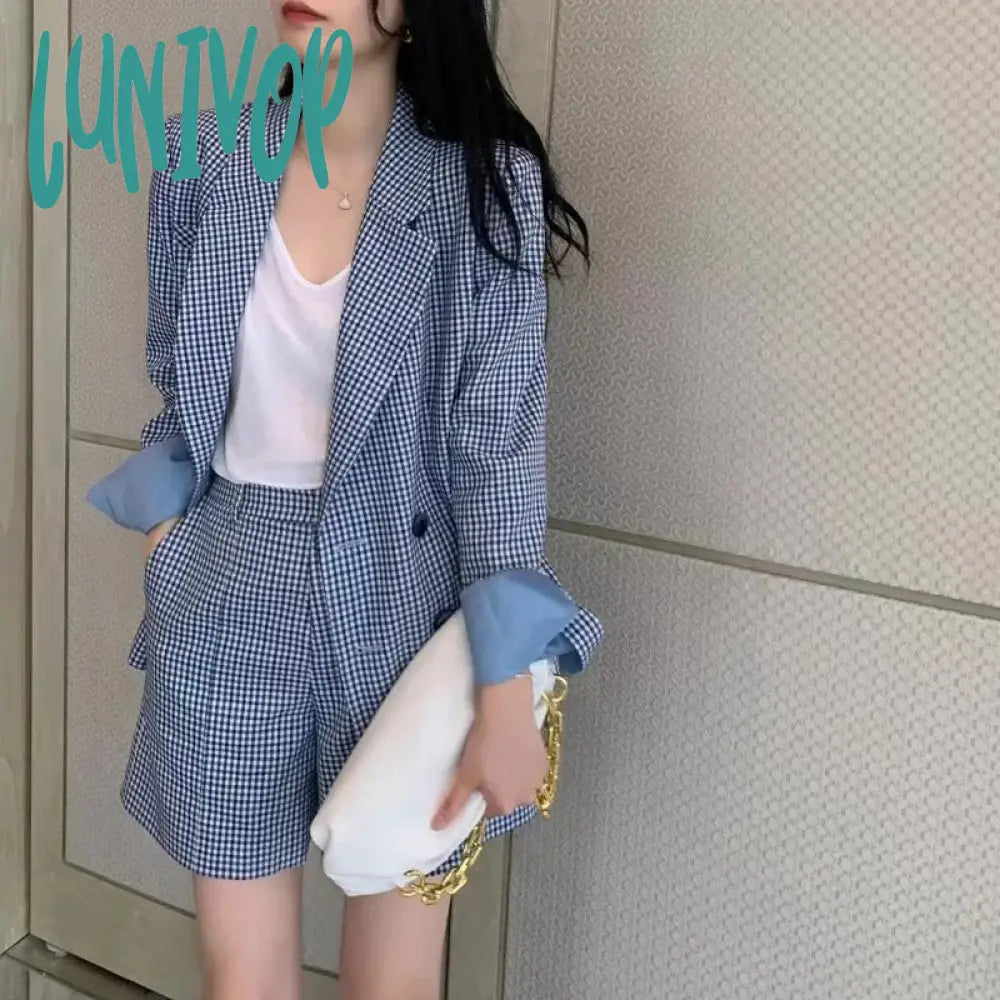 Lunivop Korean Fashion Two Pieces Blazer and Shorts Set for Women Long Sleeve Blue Plaid Jacket Office Lady Casual 2 Pieces Spring Cardigan Sweater Pullover Lunivop Korean Fashion Two Pieces Blazer and Shorts Set for Women Long Sleeve Blue Plaid Jacket Office Lady Casual 2 Pieces Spring Cardigan Sweater Pullover