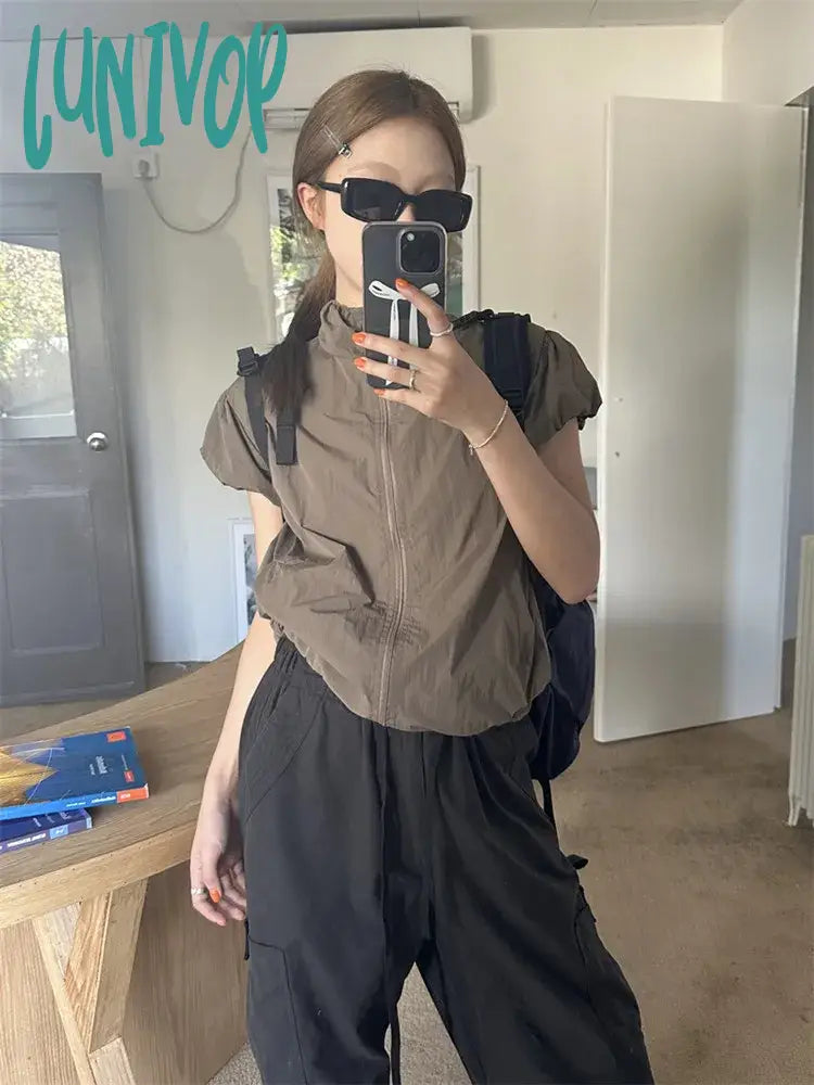 Lunivop Korean style Sun Protection Solid Thin Chic Jackets Summer Vintage Slim Stand Neck Coat Casual Zipper Y2k Short Sleeve Coats Front Pockets Side Pockets Patch Pockets Lunivop Korean style Sun Protection Solid Thin Chic Jackets Summer Vintage Slim Stand Neck Coat Casual Zipper Y2k Short Sleeve Coats Front Pockets Side Pockets Patch Pockets