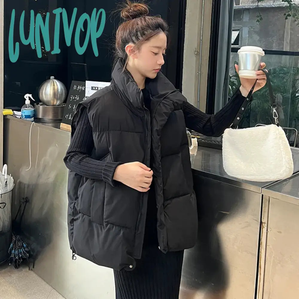 Lunivop Korean Vests Down Jacket for Women Autumn Winter New Fashion Casual Sleeveless Loose Parkas Chic Stand Collar Black Coats Fleece Jacket Down Jacket Parka