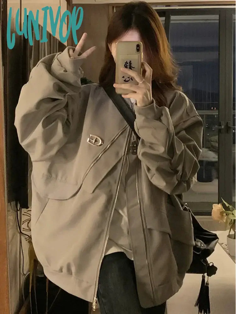 Lunivop Korean Vintage Jackets Women Long Sleeve Oversized Outwear Solid Color Stand Neck Tops Streetwear Fashion Casual Coat Ropa Mujer Satin Jacket Silk Jacket Chiffon Jacket