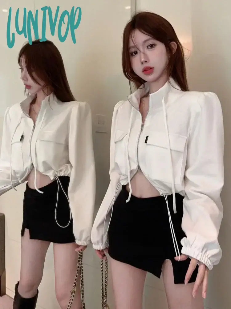 Lunivop New Y2k Aesthetic All Match Women Jackets Double Zippers Drawstring Solid  Tops Harajuku Fashion Casual Pocket Cropped Notch Collar Peter Pan Collar Cowl Neck