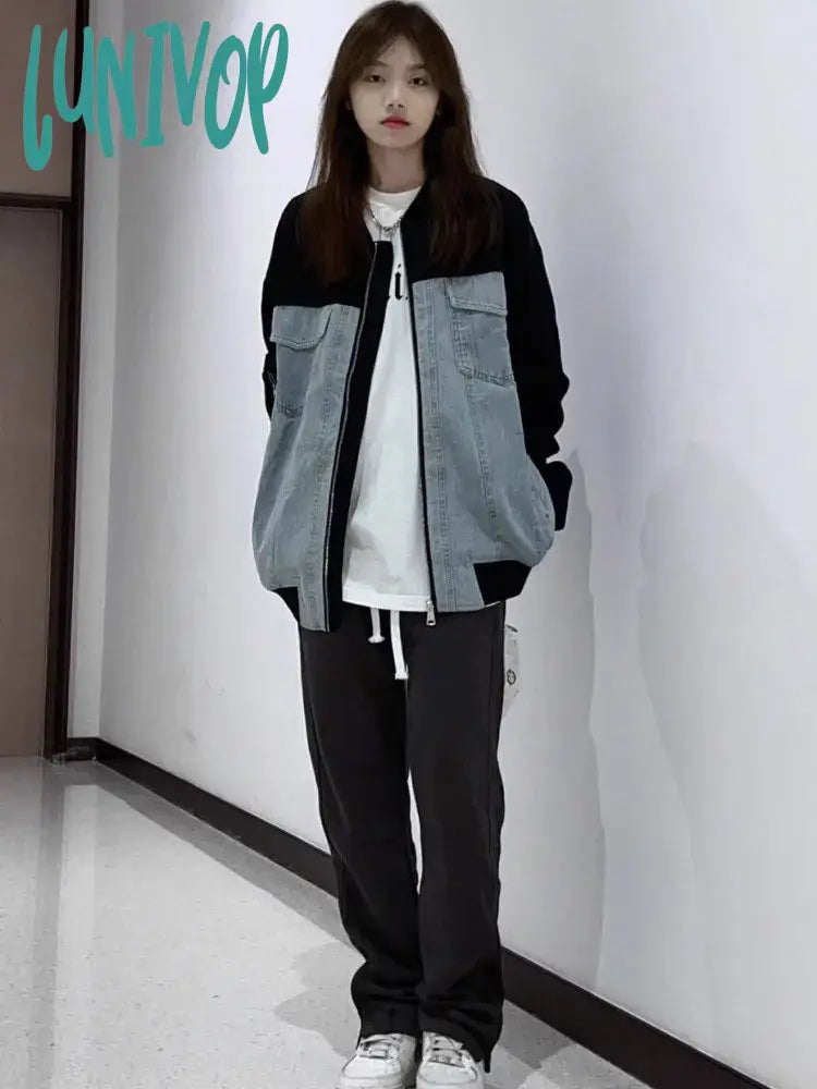 Lunivop Patchwork Contrast Color Jeans Pocket Coat Preppy All Match Y2k Aesthetic Women Chaquetas Vintage Loose Streetwear Denim Jackets Notch Collar Peter Pan Collar Cowl Neck