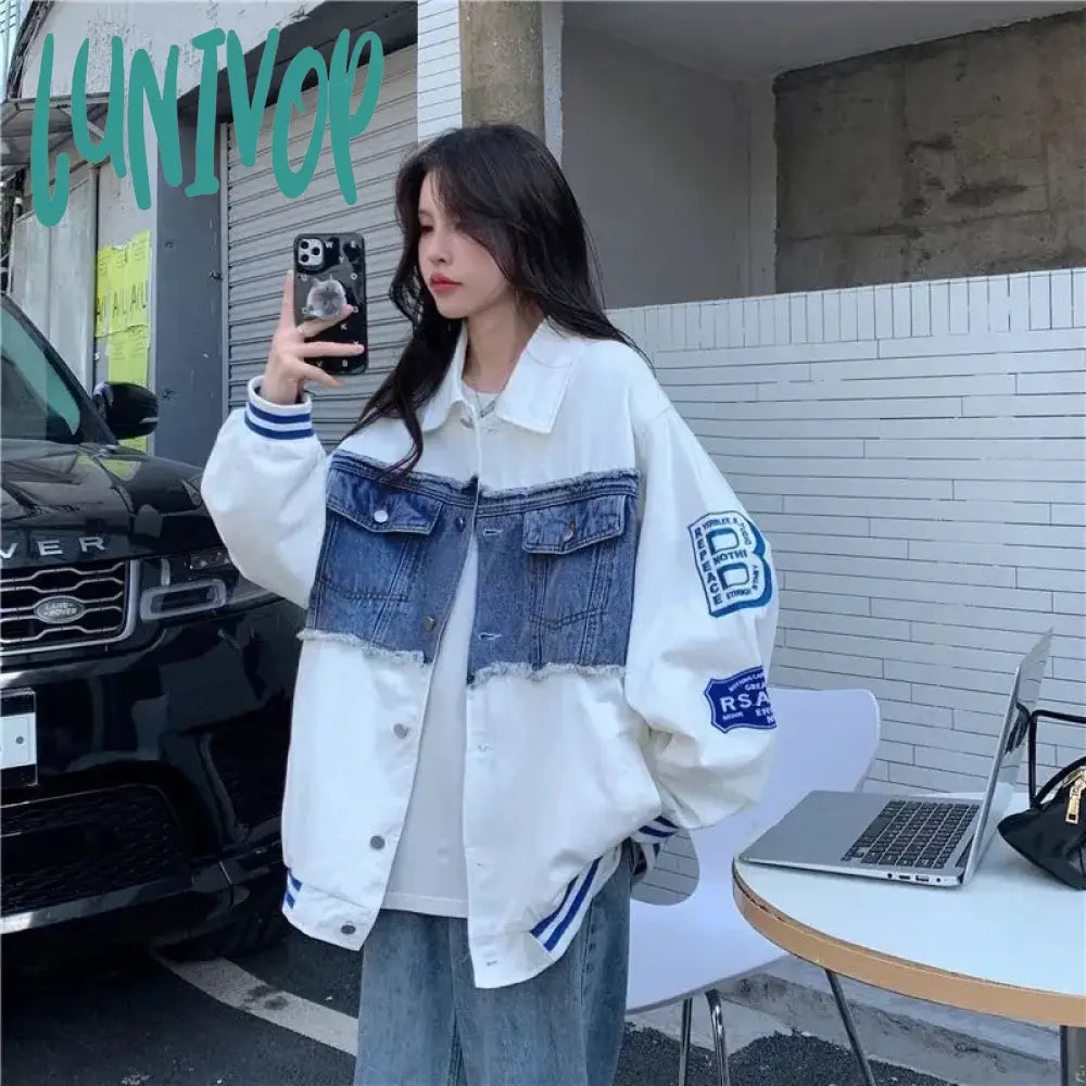Lunivop Streetwear Bomber Jacket Women Y2K Oversized Denim Patchwork Baseball Coat Vintage Korean Letter Print Casual Outerwear Hoodie Zip-Up Jacket Button-Up Jacket Lunivop Streetwear Bomber Jacket Women Y2K Oversized Denim Patchwork Baseball Coat Vintage Korean Letter Print Casual Outerwear Hoodie Zip-Up Jacket Button-Up Jacket