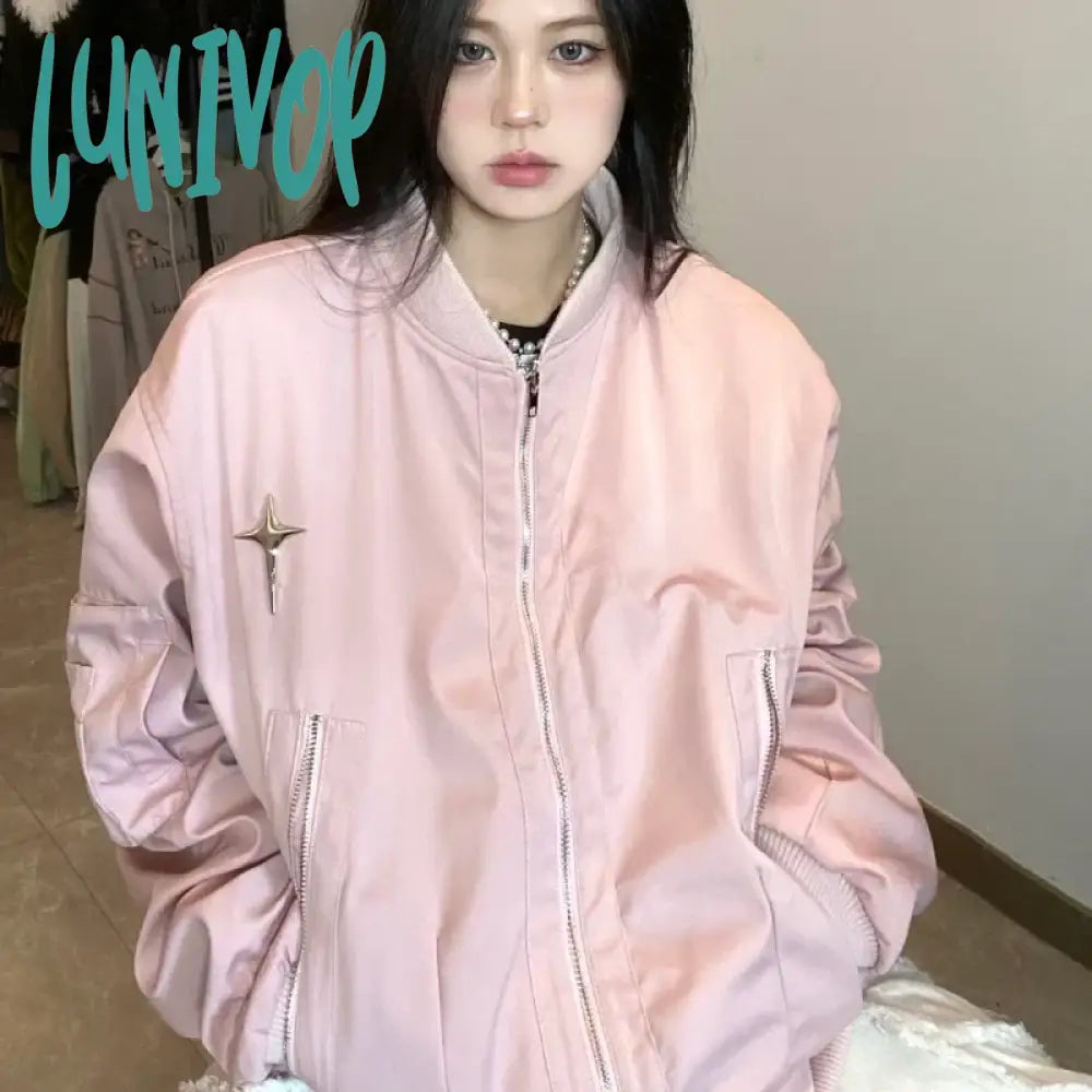 Lunivop Vintage Bomber Jacket Women Oversized Harajuku Fashion Streetwear Star Girl Y2k Pink Baseball Jackets Korean Outdoor Welt Pockets Slit Pockets Flap Pockets Lunivop Vintage Bomber Jacket Women Oversized Harajuku Fashion Streetwear Star Girl Y2k Pink Baseball Jackets Korean Outdoor Welt Pockets Slit Pockets Flap Pockets
