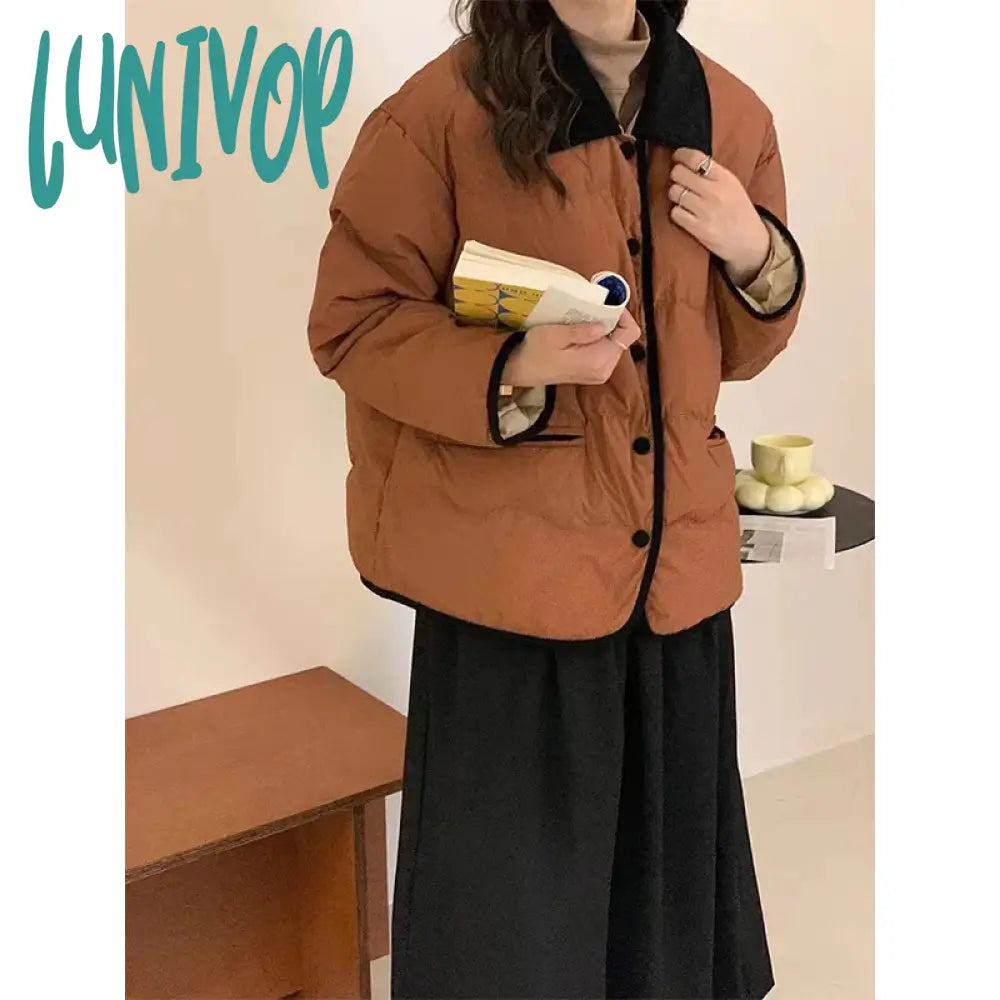 Lunivop Winter Parkas Women Corduroy Patchwork Down Coats Korean Black White Puffer Jacket Ladies Elegant Cotton Padded Outwears Zip Front Button Front Snap Front Lunivop Winter Parkas Women Corduroy Patchwork Down Coats Korean Black White Puffer Jacket Ladies Elegant Cotton Padded Outwears Zip Front Button Front Snap Front