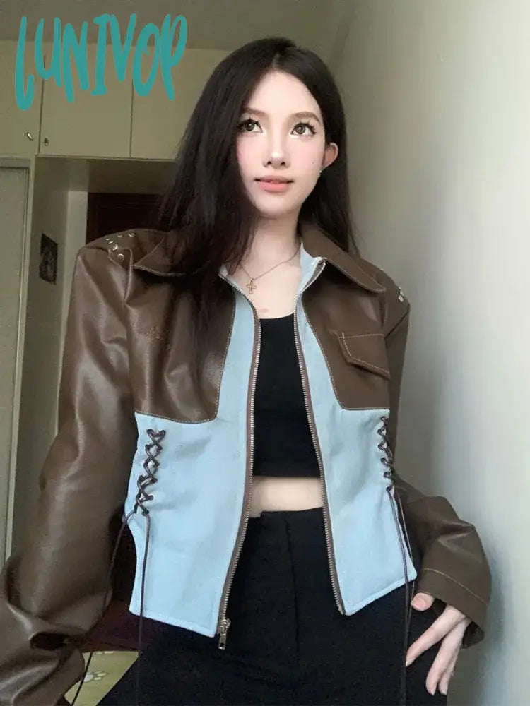 Lunivop Women Patchwork Bandage Y2k Aesthetic Cropped Coats Autumn Streetwear Punk Chaquetas Korean Contrast Color Pocket Leather Jacket Toggled Jacket Drawstring Jacket Belted Jacket