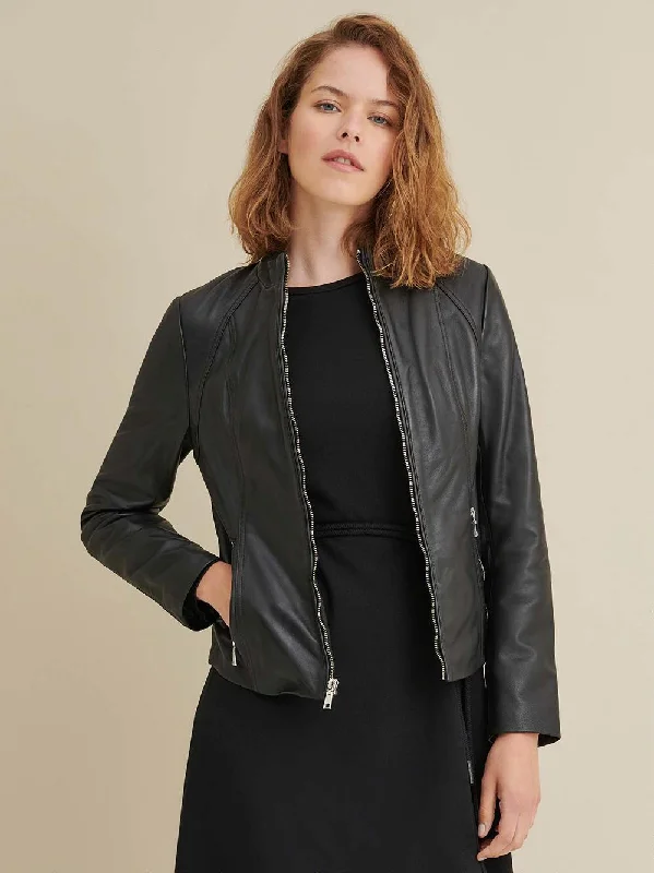 Meg Leather Scuba Jacket Welt Pockets Slit Pockets Flap Pockets