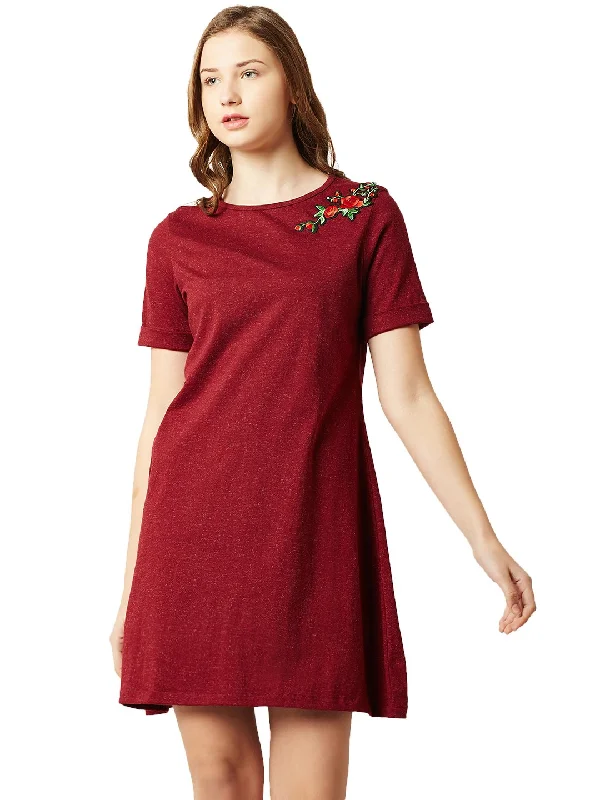 Miss Chase Women's A-Line Mini Dress (MCAW17D10-54-143-02_Maroon_X-Small) Stylish Short-Sleeve Mini Dress