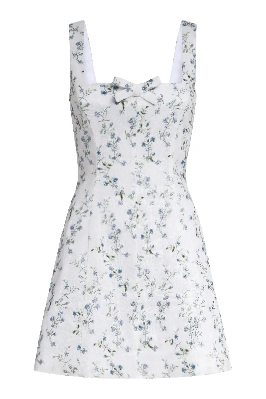 OTM Exclusive: Linen Corinne Beaded Floral Embroidered Mini Dress With Bow Casual V-Neck Mini Dress