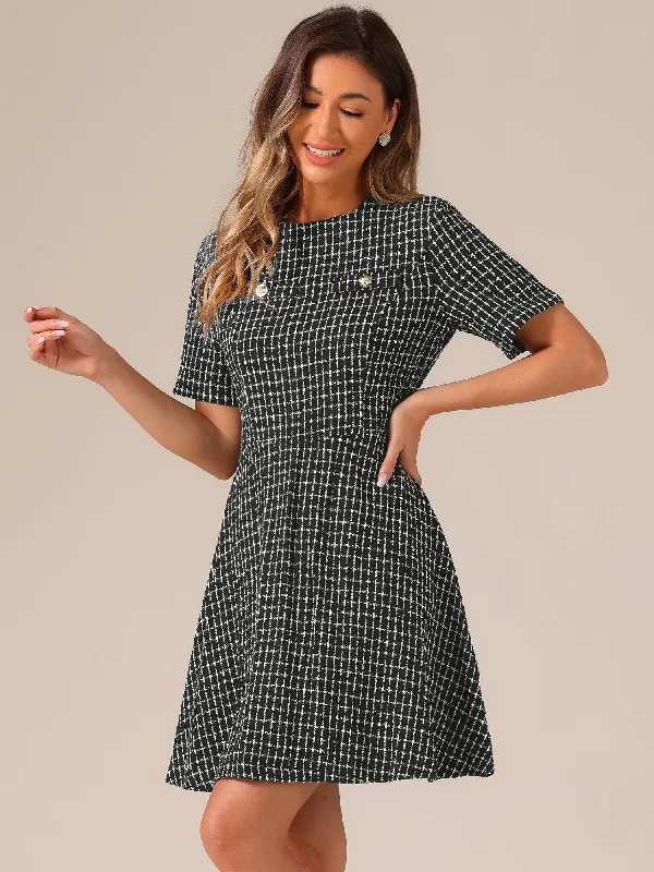 Short Sleeve Plaid Tweed Zipper Casual Mini Dress Cozy A-Line Mini Dress