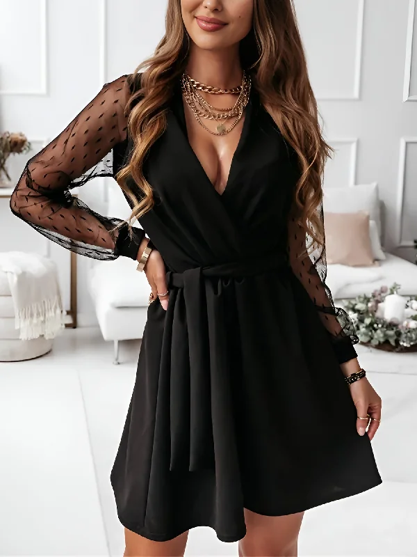 Lace Long Sleeves Patchwork A-Line Belted Mini Dress Cozy Jersey Mini Dress