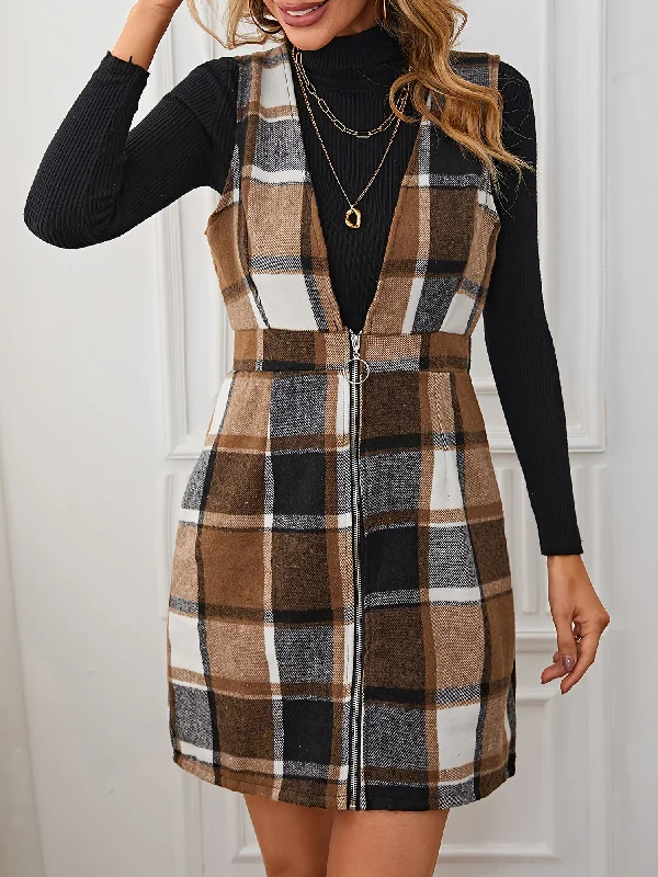 Plaid Sleeveless Zipper Pinafore Overall Mini Dress Fashionable Party Mini Dress