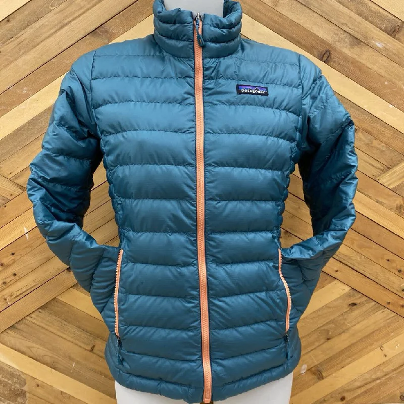 Patagonia - Women's Down Sweater Jacket - MSRP $349: Teal Blue / Salmon Pink-women-SM Bomber Jacket Anorak Windbreaker