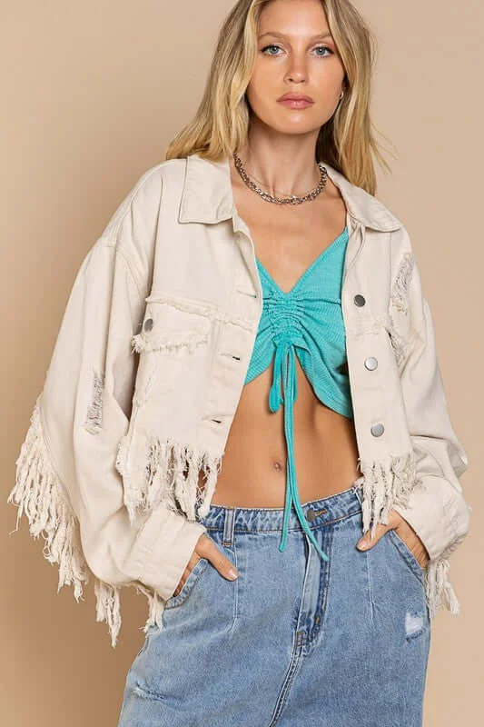 Plus Size Wester Fringe-Detailed Cropped Denim Jacket Mesh Jacket Canvas Jacket Denim Jacket