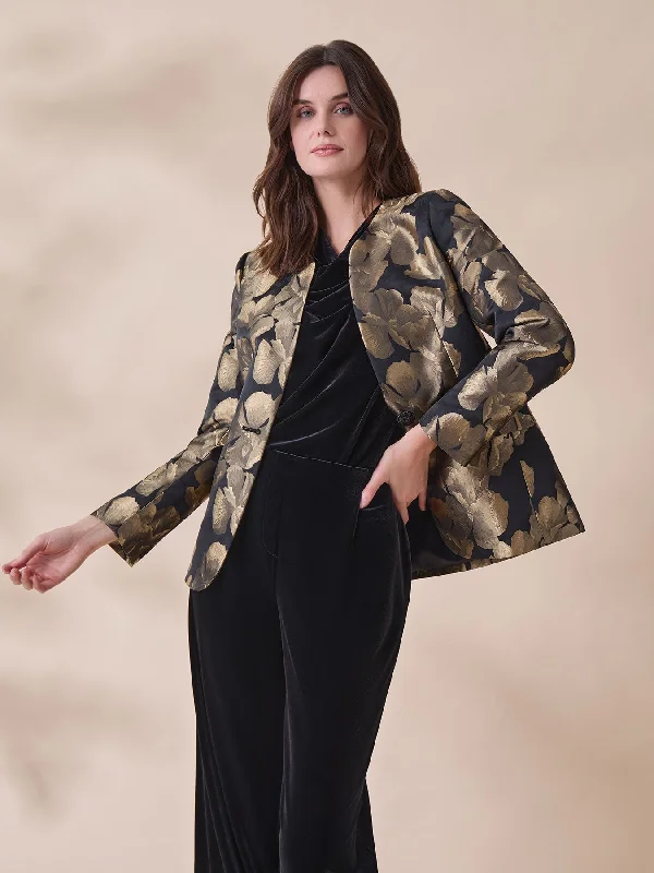 Printed Collarless Jacket, Jacquard Jacket Blazer Coat