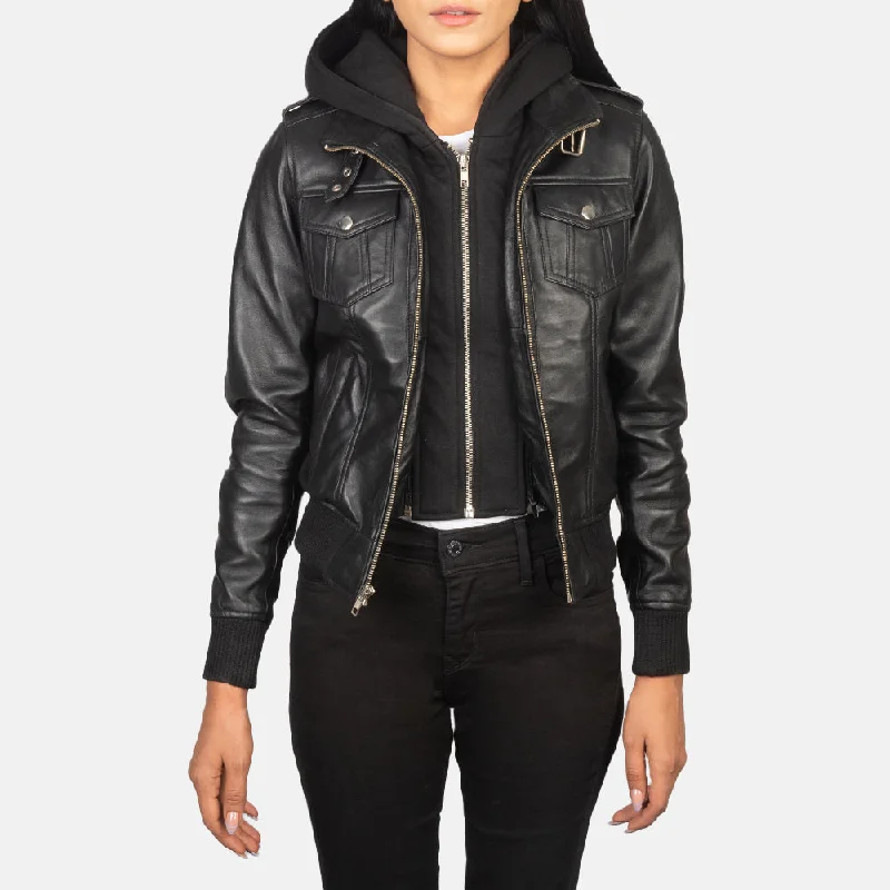 Roslyn Black Hooded Leather Bomber Jacket Striped Jacket Polka Dot Jacket Floral Jacket Roslyn Black Hooded Leather Bomber Jacket Striped Jacket Polka Dot Jacket Floral Jacket