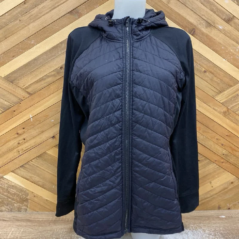 Shambhala - Women's Hybrid Insulated Jacket - MSRP comp $100: Grey / Black-women-LG Fleece Jacket Down Jacket Feather Jacket