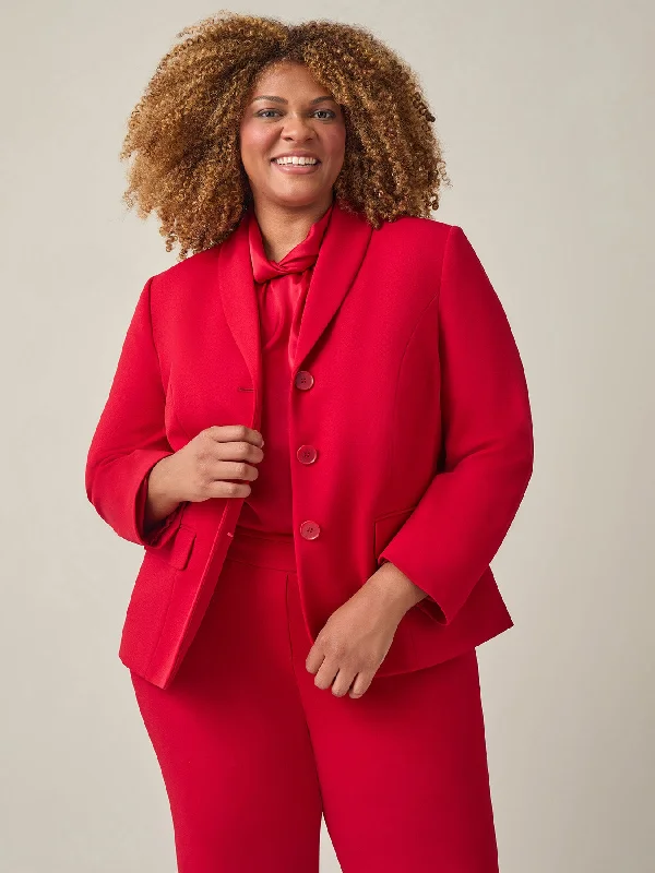 Shawl-Collar Three-Button Jacket, Crimson Zippered Front Buttoned Front Snap Front