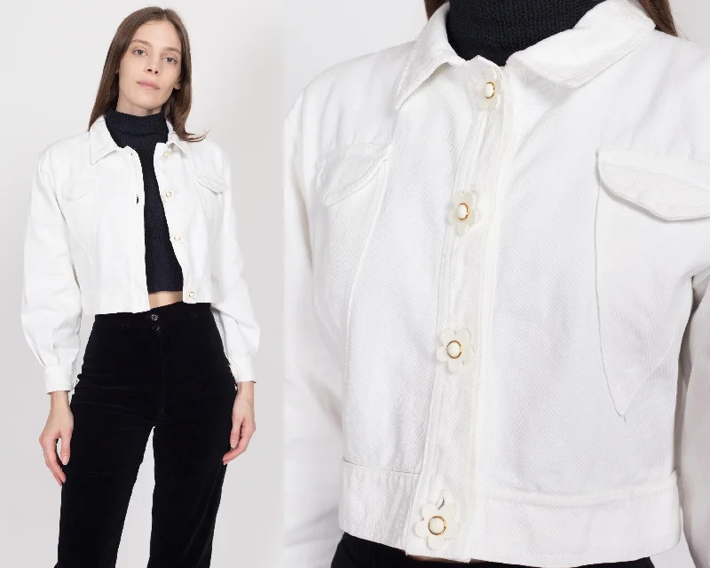 Small 90s White Flower Button Cropped Denim Jacket Cardigan Sweater Pullover