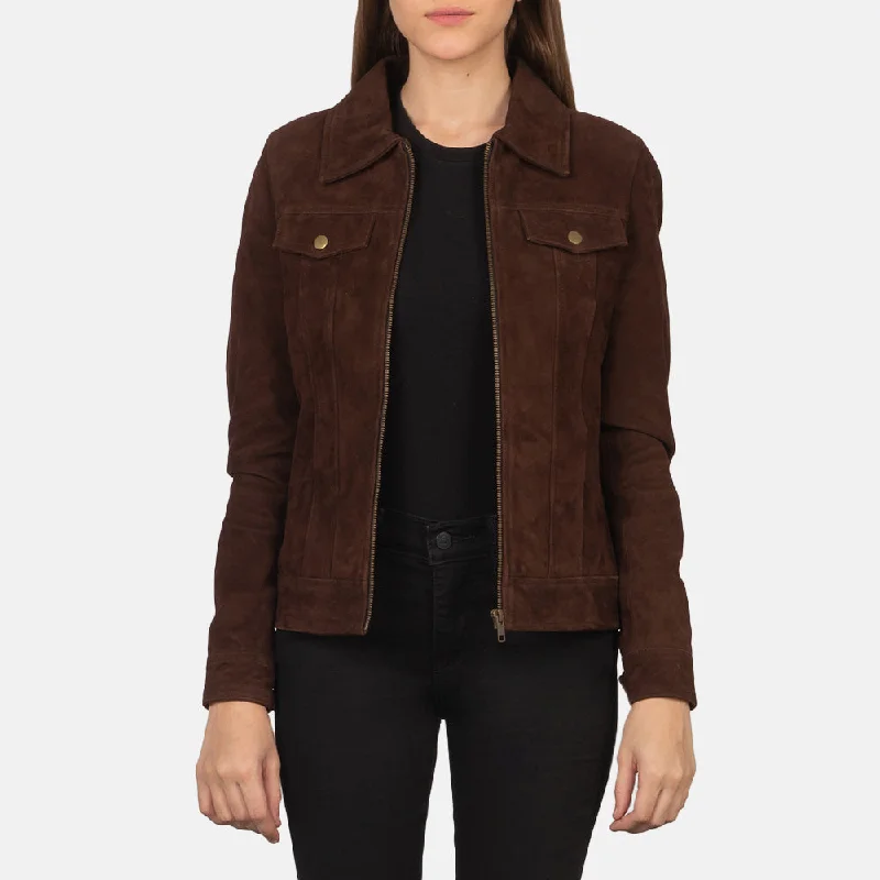 Suzy Mocha Suede Trucker Jacket Collared Jacket Crew Neck Jacket Turtle Neck Jacket