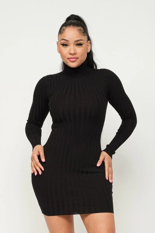 Turtle Neck Ribbed Mini Dress Chic Puff Sleeve Mini Dress