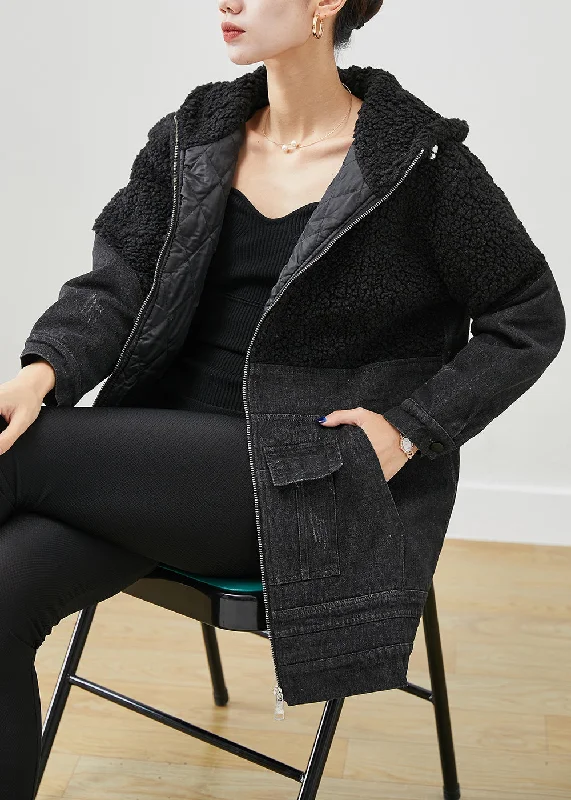 Unique Black Hooded Patchwork Woolen Denim Fine Cotton Filled Jackets Winter Bomber Jacket Anorak Windbreaker Unique Black Hooded Patchwork Woolen Denim Fine Cotton Filled Jackets Winter Bomber Jacket Anorak Windbreaker
