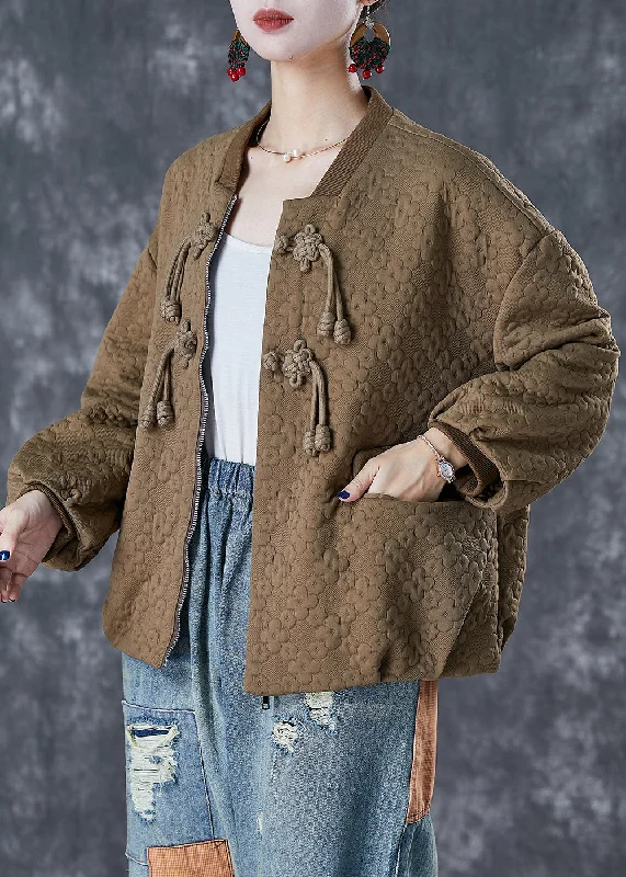 Unique Khaki Tasseled Jacquard Cotton Jacket Fall Fleece Fabric Down Fabric Feather Fabric