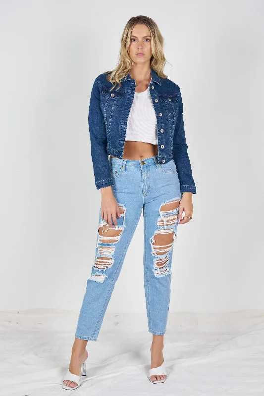 Wakee Denim Jacket - Dark Denim 7042 One-Shoulder Jacket Off-the-Shoulder Jacket Asymmetrical Jacket