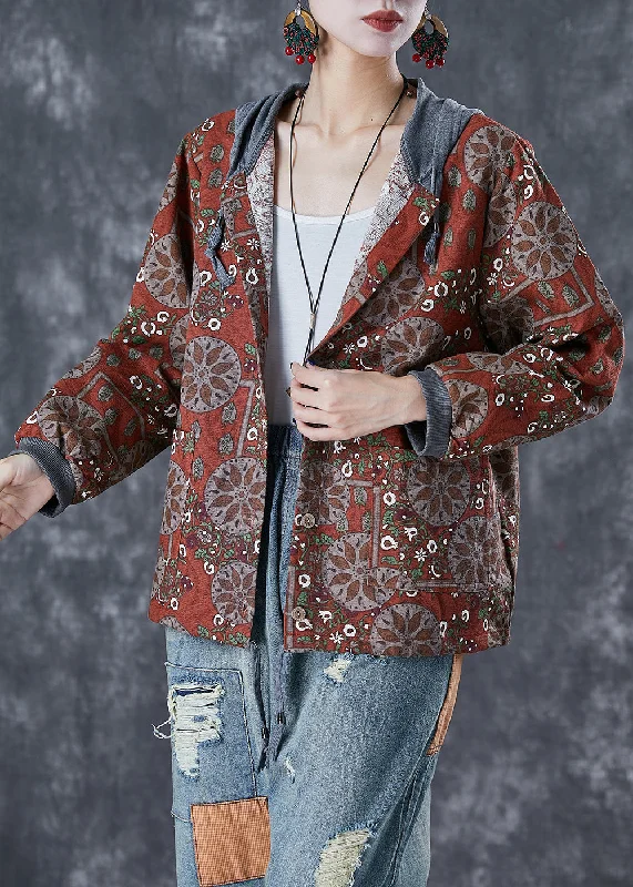 Women Orange Red Hooded Print Cotton Jacket Fall Fleece Jacket Down Jacket Parka
