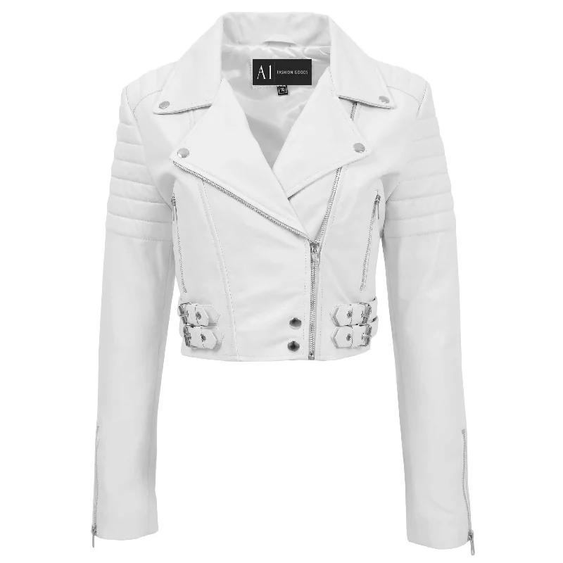 Womens Fitted Cropped Bustier Style Leather Jacket Amanda White Welt Pockets Slit Pockets Flap Pockets