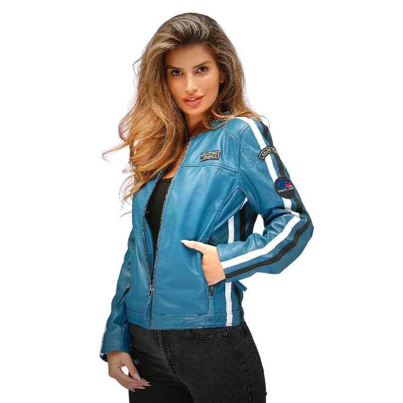 Women's Lambskin Leather Racing Jacket in Challenge Blue **SOLD OUT** Nylon Jacket Polyester Jacket Spandex Jacket