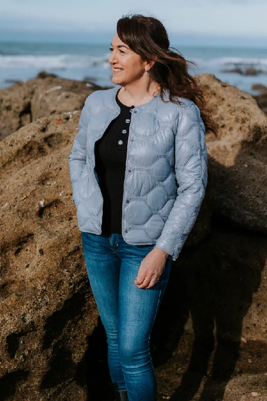 Womens Liss Packable Down  Jacket - Ice Blue Boat Neck Shawl Collar Notched Collar