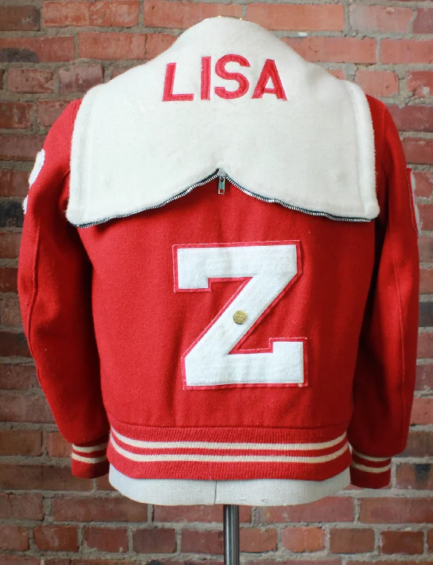 Women's Vintage 1982 Mt. Zion Varsity Letterman Jacket Lisa Volleyball Bomber Red White Large Plaid Jacket Tartan Jacket Houndstooth Jacket