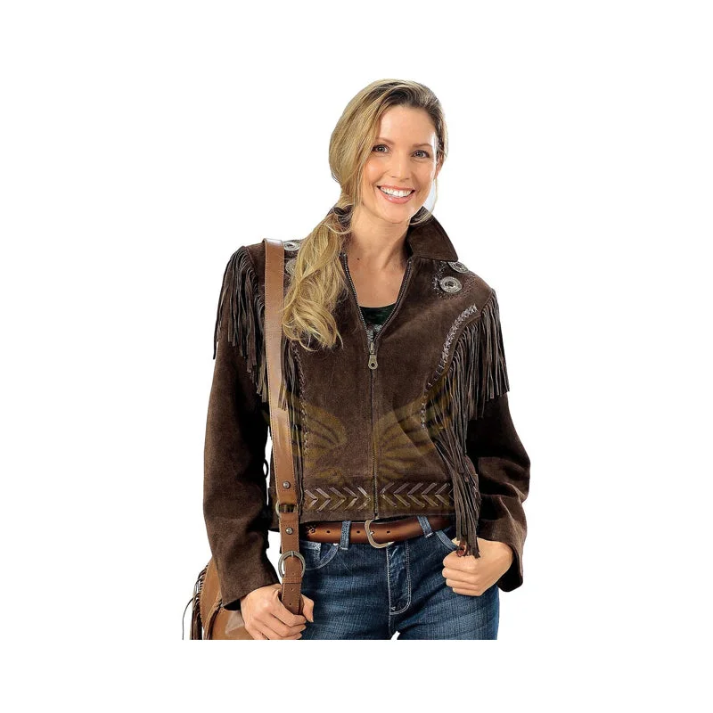 Womens Vintage Brown Suede Leather Jacket Ladies Native Fringe Western Wear Coat Fleece Jacket Down Jacket Parka