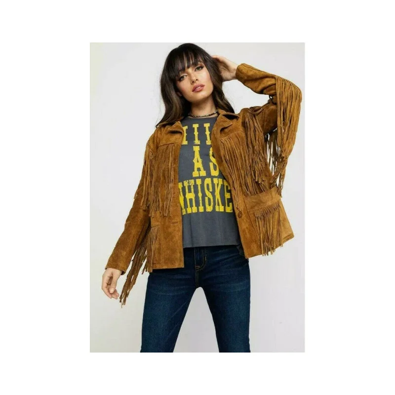 Womens Vintage Brown Suede Leather Jacket Ladies Native Fringe Western Wear Coat Fleece Jacket Down Jacket Feather Jacket