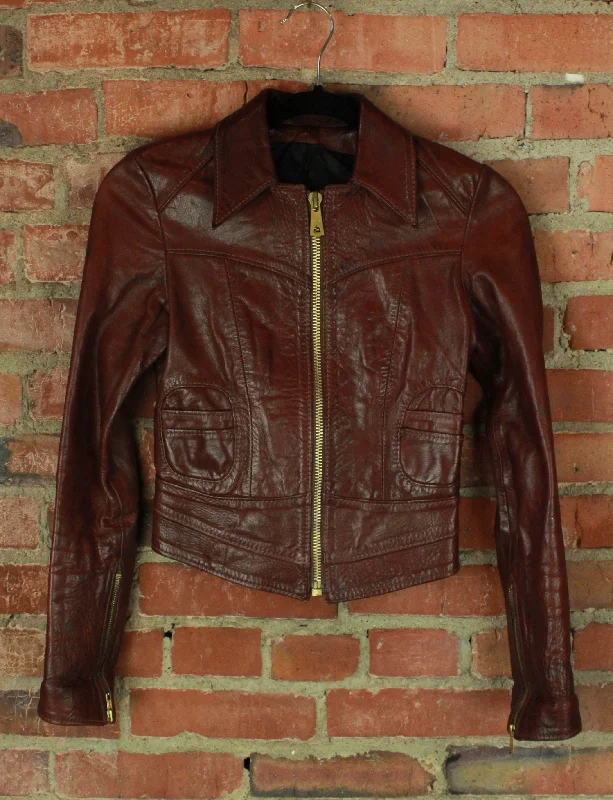 Women's Vintage Early 70's East West Musical Instruments Brown Leather Jacket - XXS Herringbone Jacket Checkered Jacket Solid Jacket