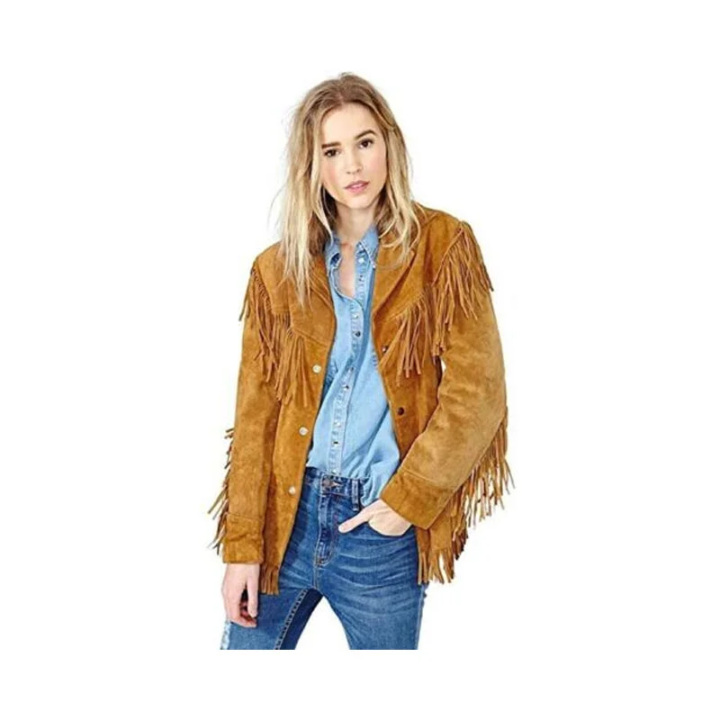 Womens Vintage Tan Brown Suede Leather Jacket Native Fringe Western Style Coat Jersey Jacket Tulle Jacket Batik Jacket